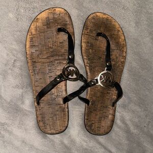 Michael Kors Black Strappy Logo Cork-Print Sandals